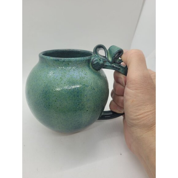 Handthrown Pottery Green Ceramic Mug Ornate Handle Signed Artesian cottage core - Picture 9 of 9